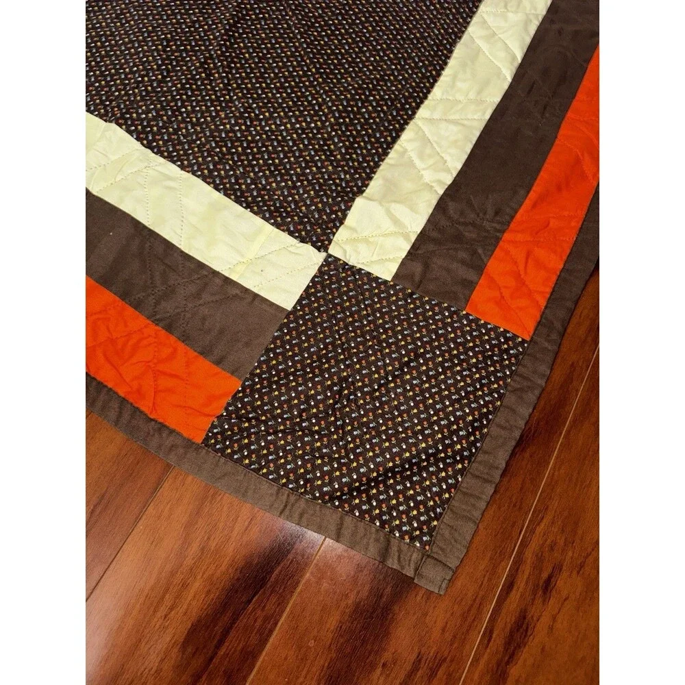 Vintage Handmade Lone Star Quilt Brown Orange Hand Quilted Bedspread Queen Large